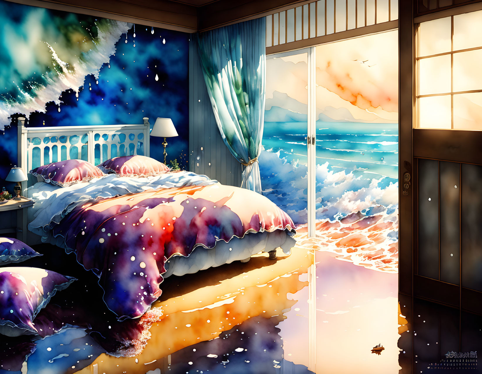 Cosmic seascape-themed bedroom with galaxy bedding and ocean view