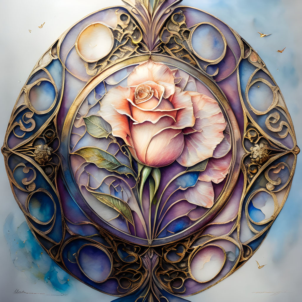 Circular Art Nouveau Frame Surrounding Pink Rose with Intricate Patterns