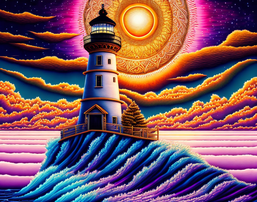 Colorful surreal artwork: lighthouse, stylized waves, psychedelic sky