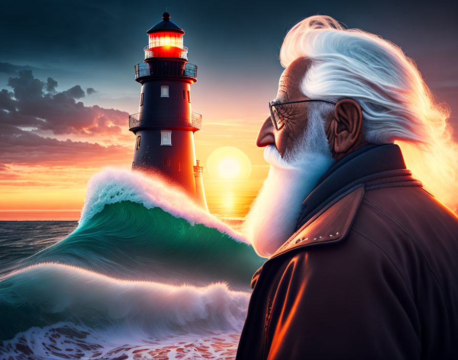 Elderly man with white hair gazes at lighthouse in vibrant sunset scene