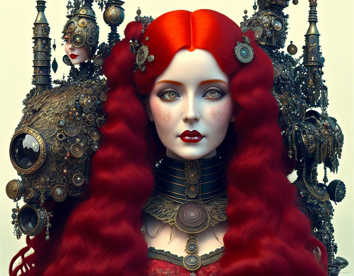 Vibrant red-haired woman in steampunk attire artwork