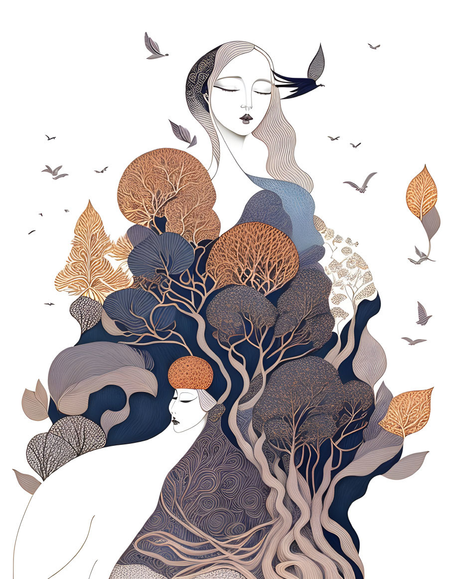 Stylized female figures with trees and birds in earth tones and blues