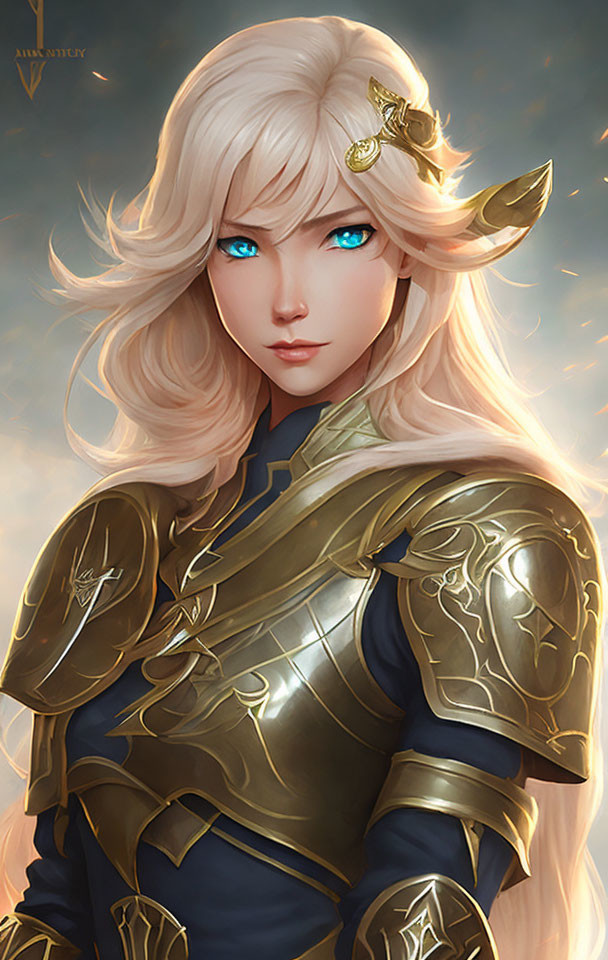 Digital artwork: Fierce woman with blue eyes, golden hair, ornate armor