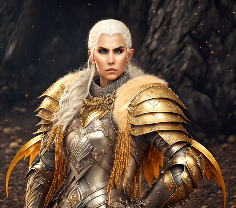 Female Elf Warrior in Golden Armor with White Fur Accents