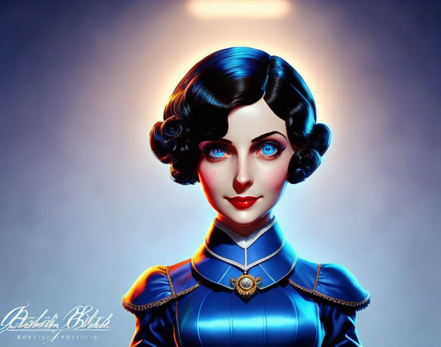 Digital illustration of woman with blue eyes, black curly hair, blue outfit.