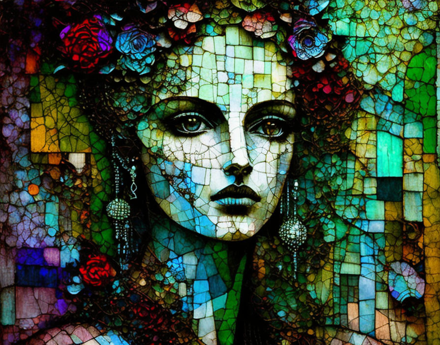 Colorful mosaic artwork of a woman with floral crown and stained-glass skin