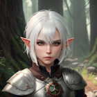 Fantasy female character with pointed ears, white hair, and armor in misty forest