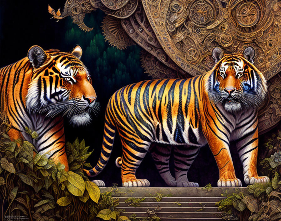 Two tigers in ornate setting with lush jungle backdrop