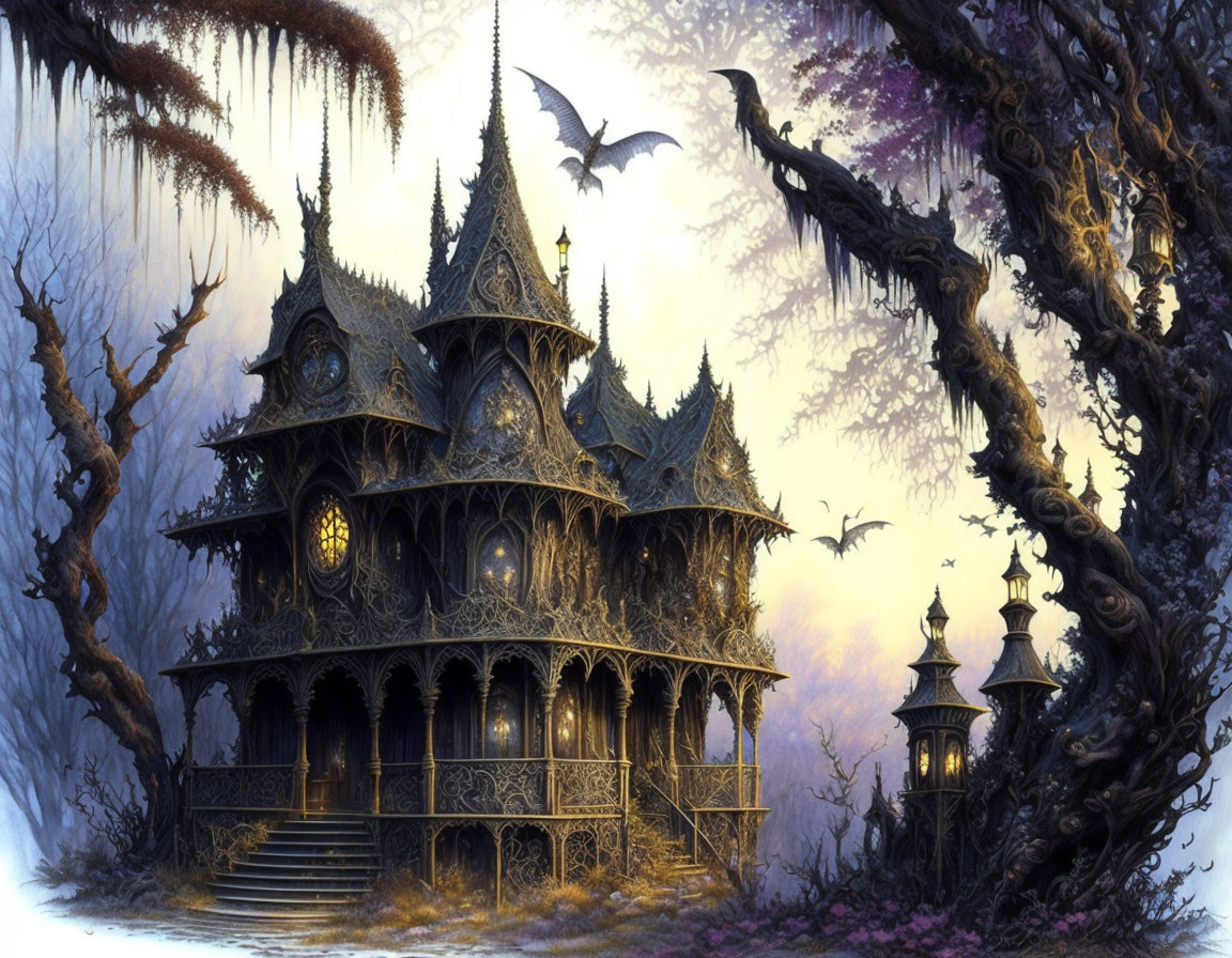 Gothic mansion in eerie twilight forest with bats and gnarled trees