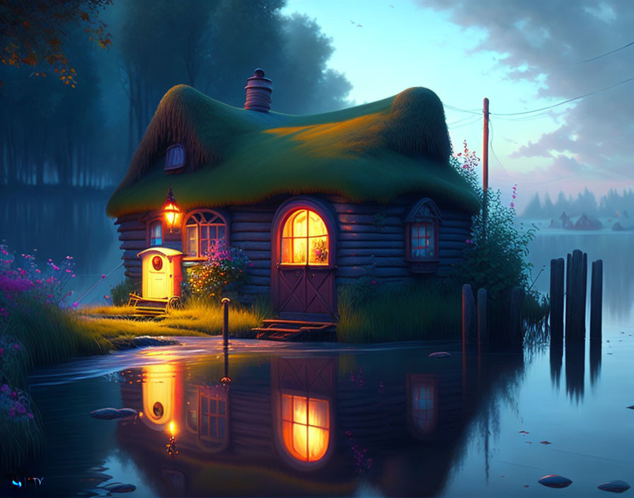 Quaint cottage with thatched roof by serene pond at twilight