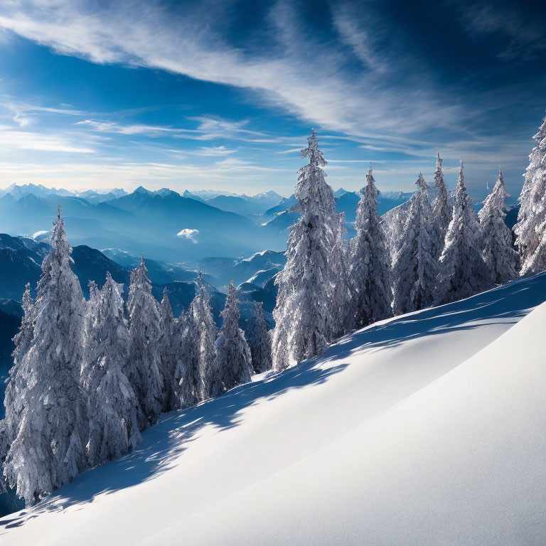 Winter scene: snow-covered trees on mountain slope, clear blue skies, distant snow-covered mountain range.