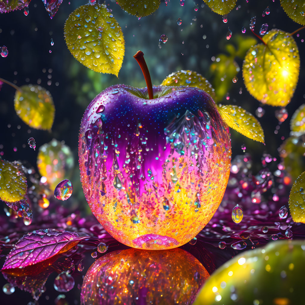 Multicolored apple with droplets and green leaves under shimmering light