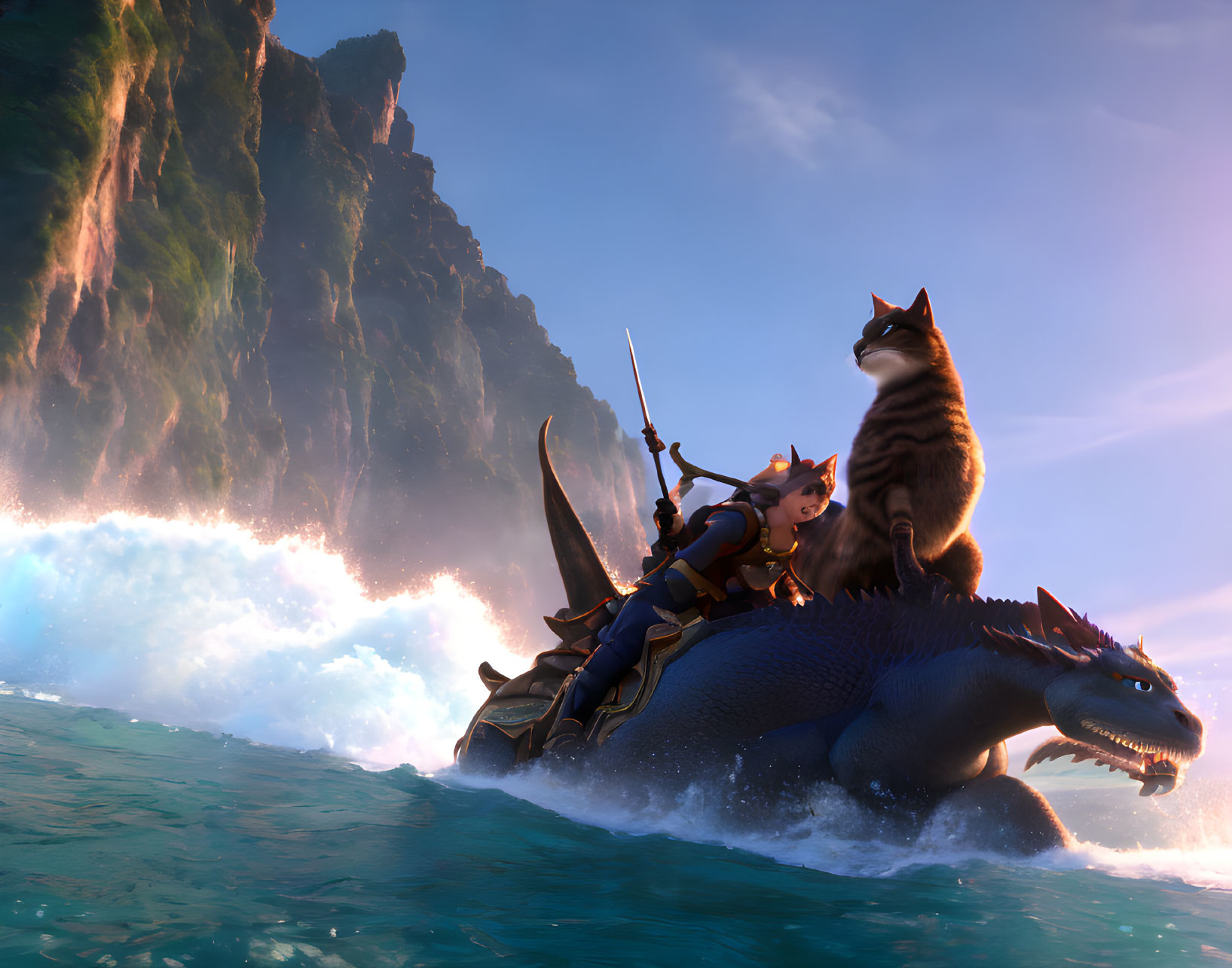 Warrior riding dragon with cat over ocean waves & cliffs