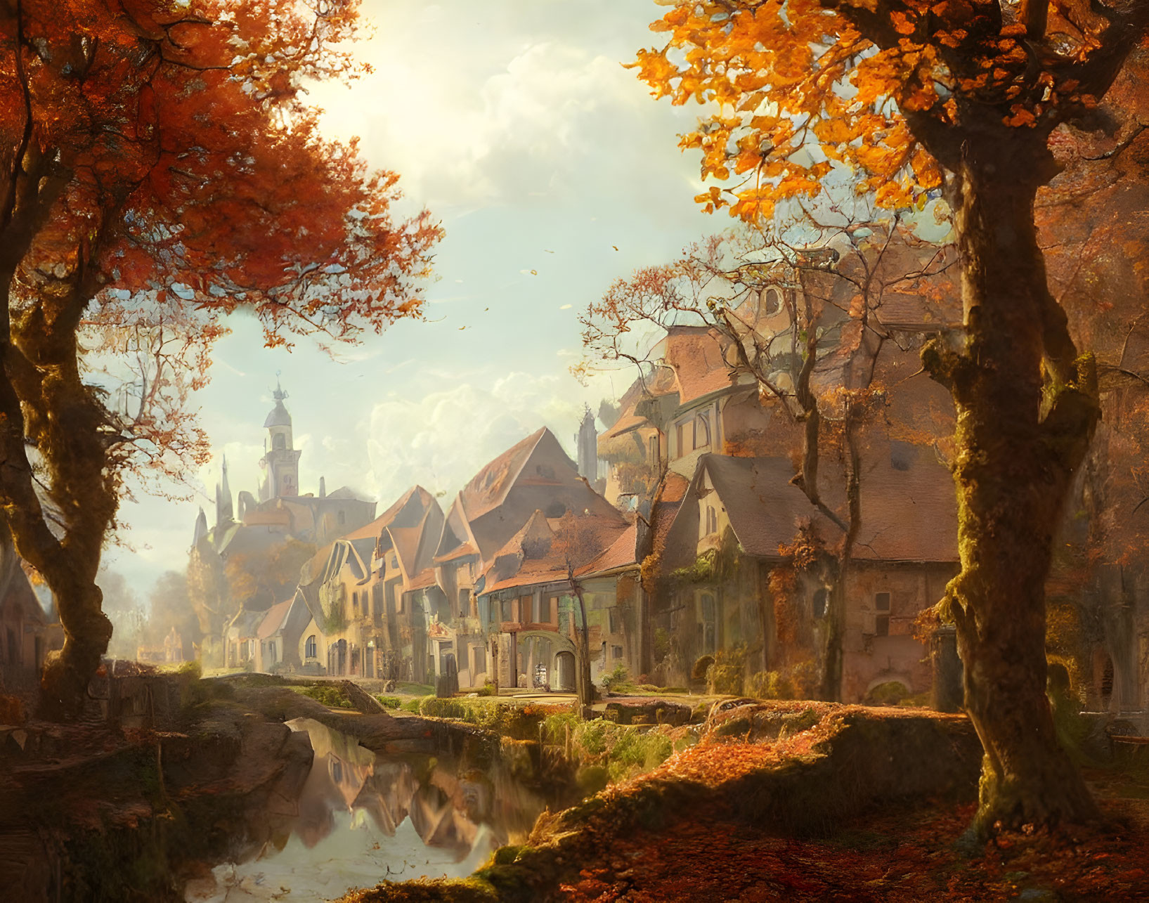 Tranquil autumn village with golden sunlight, river, stone houses, and church