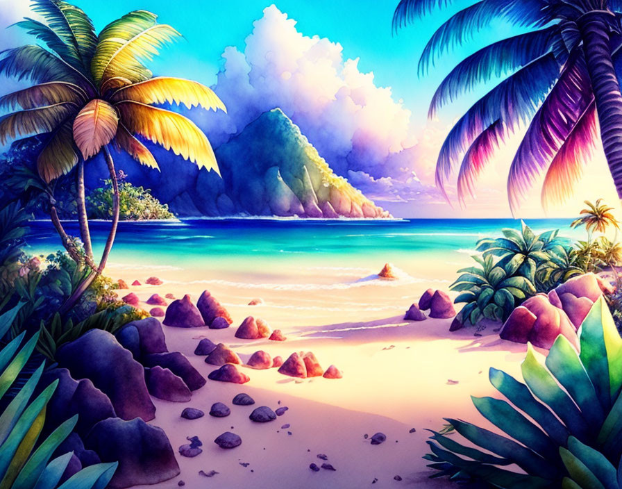 Tropical beach with palm trees, rocks, turquoise waters, and mountain under blue sky