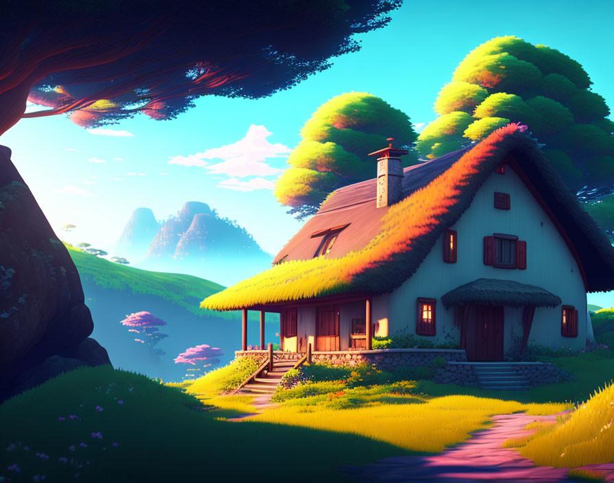 Thatched roof cottage in vibrant surreal landscape