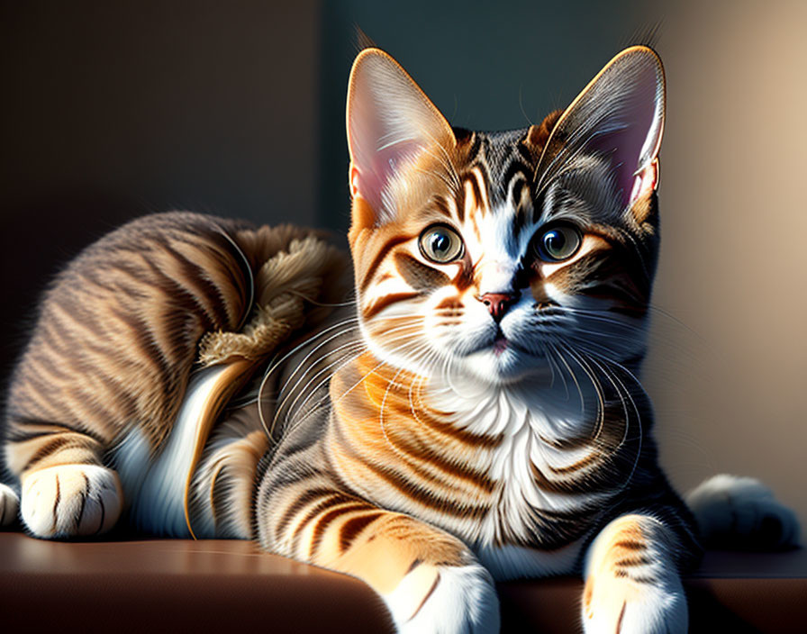 Striped Cat with Prominent Whiskers and Bright Eyes Sunbathing