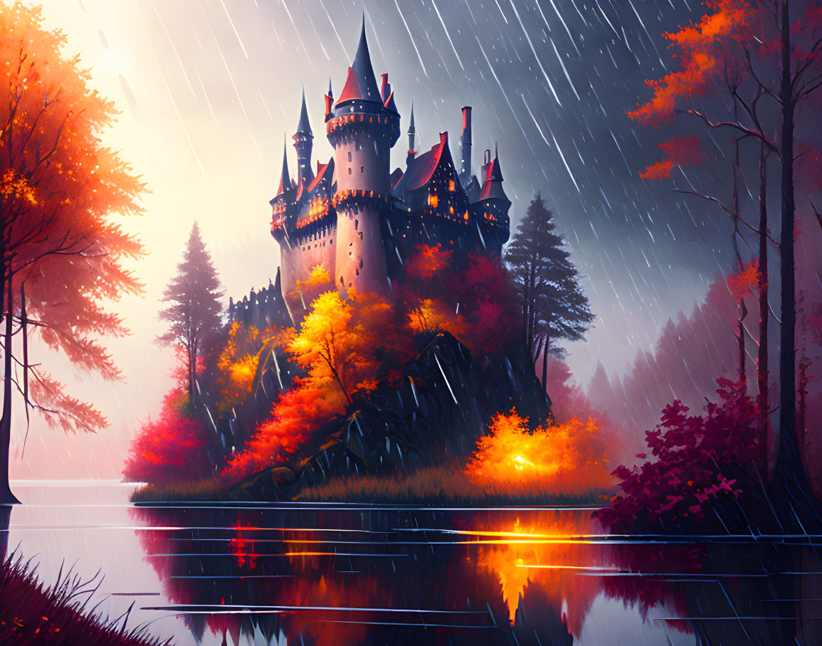 Enchanting castle in autumn forest by tranquil lake under rain