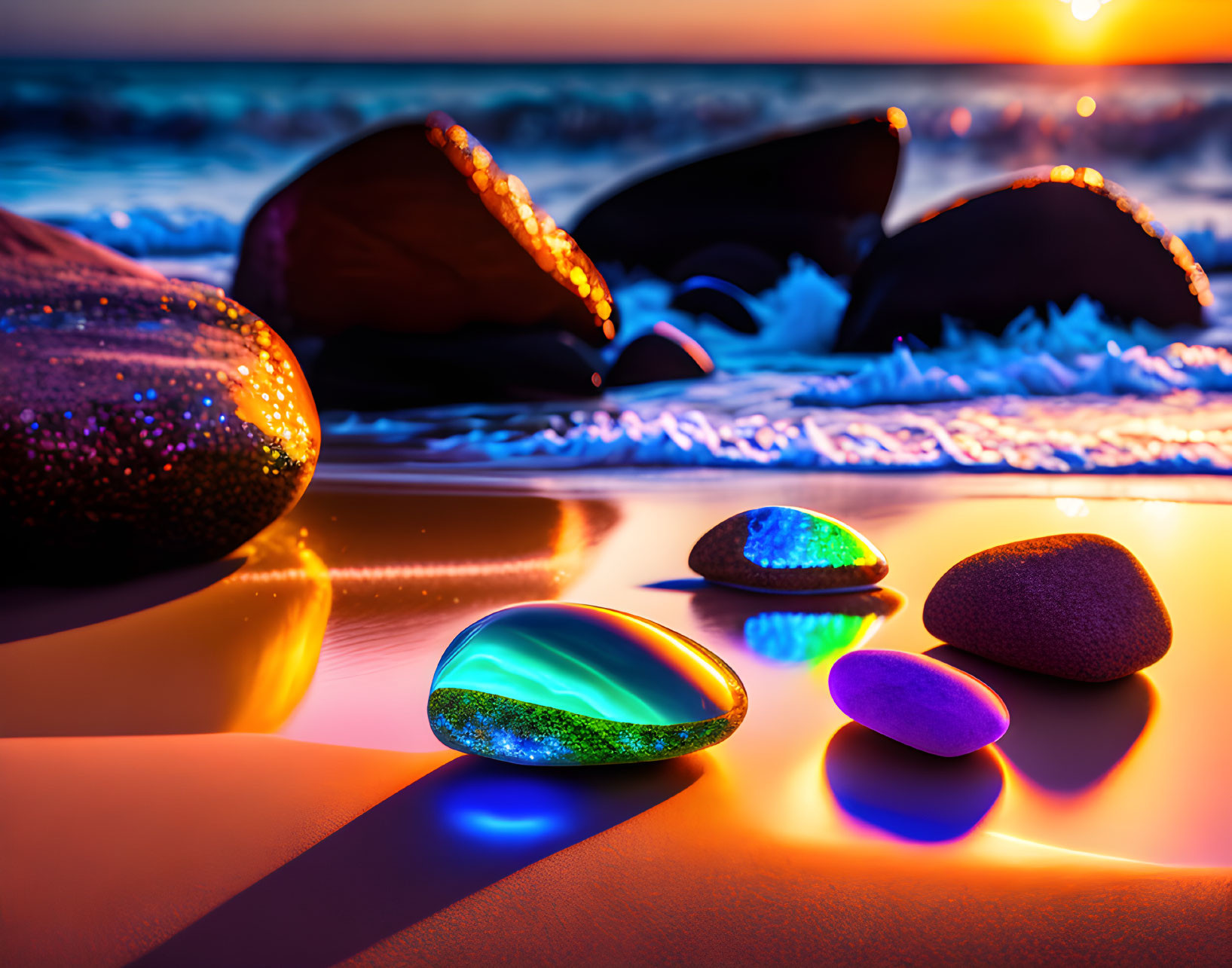 Vibrant Glowing Stones on Sandy Beach at Sunset