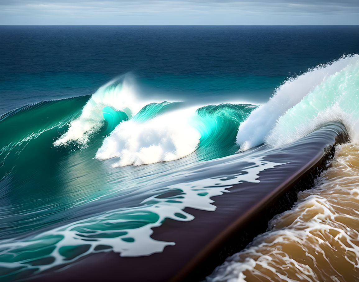 Turquoise Wave Curling Over Rocky Shoreline Under Cloudy Sky