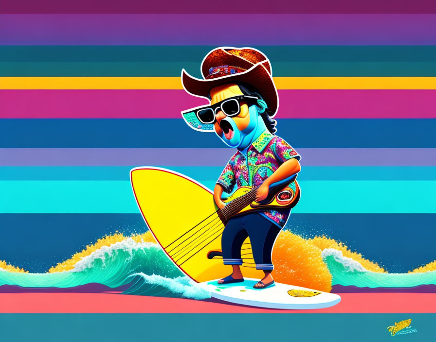 Colorful anthropomorphic animal in sunglasses, hat, Hawaiian shirt with surfboard and vibrant backdrop