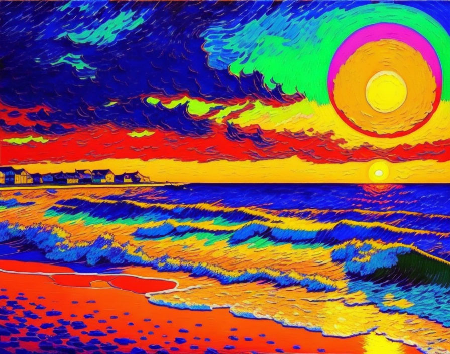 Colorful expressionist beach painting with oversized sun and dynamic brushstrokes