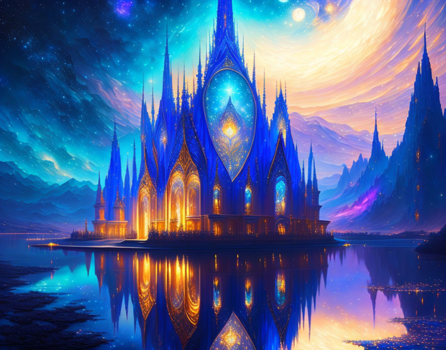 Glowing blue castle reflected in tranquil lake under starry night sky