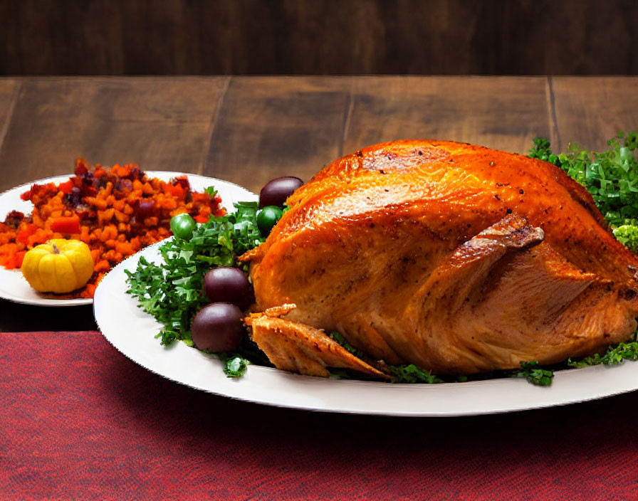 Roasted turkey with greens, carrots, peas on red-clothed table