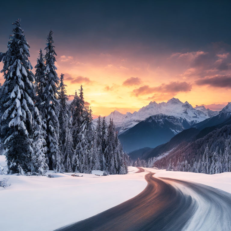 Snow-covered landscape with winding road and sunset over mountain peaks