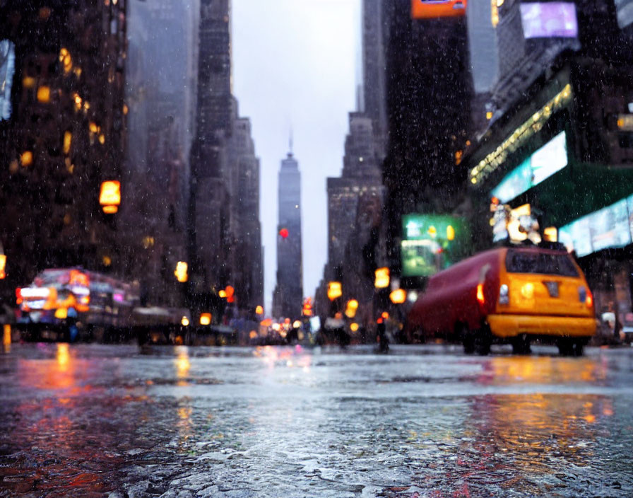 Blurred cars and city lights on rainy city street