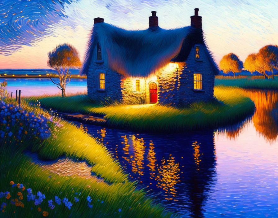 Twilight scene: Thatched-roof cottage by river with illuminated windows