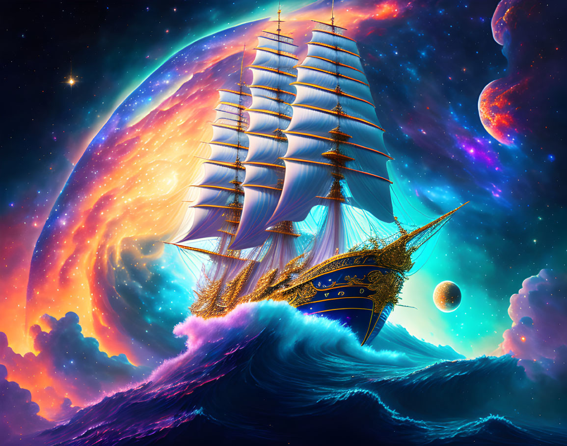 Majestic sailing ship under vibrant starry sky with cosmic waves