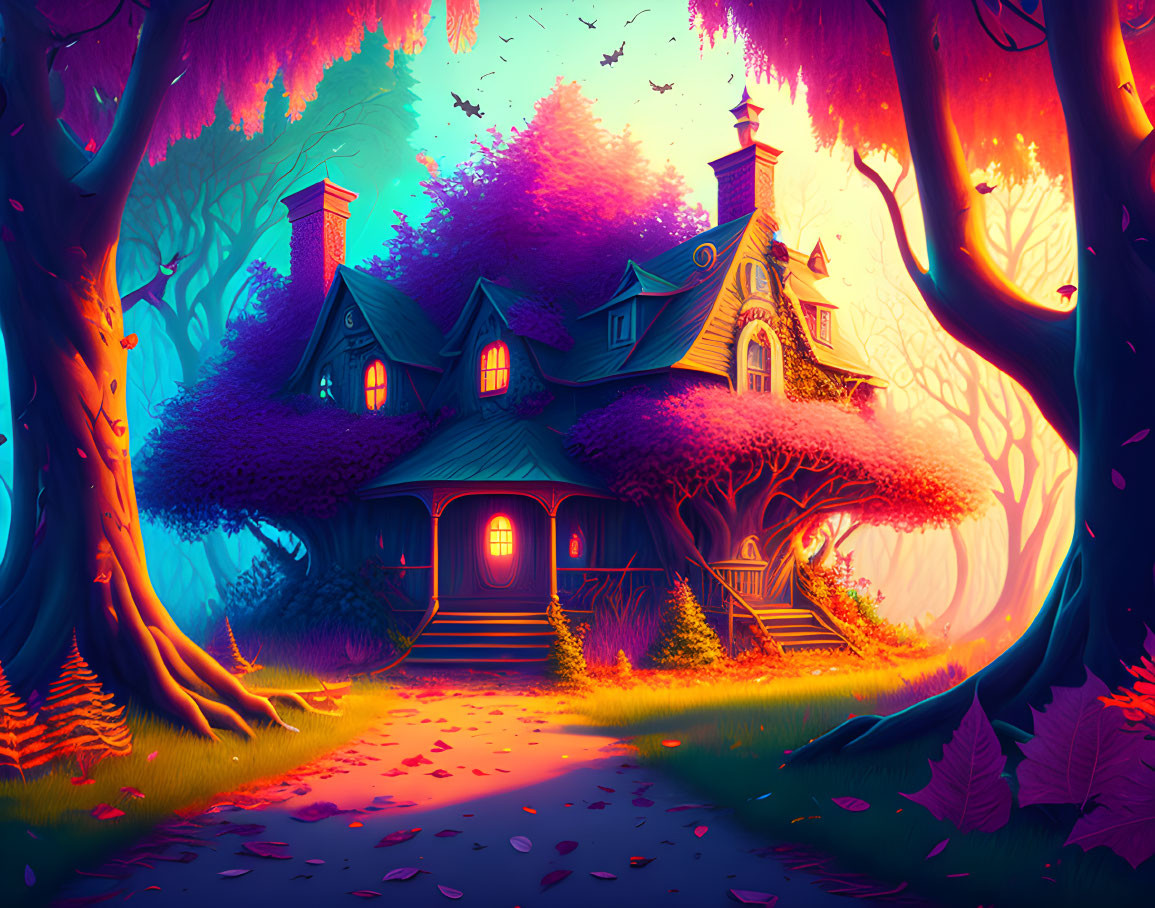 Fantasy illustration of whimsical house in enchanting forest