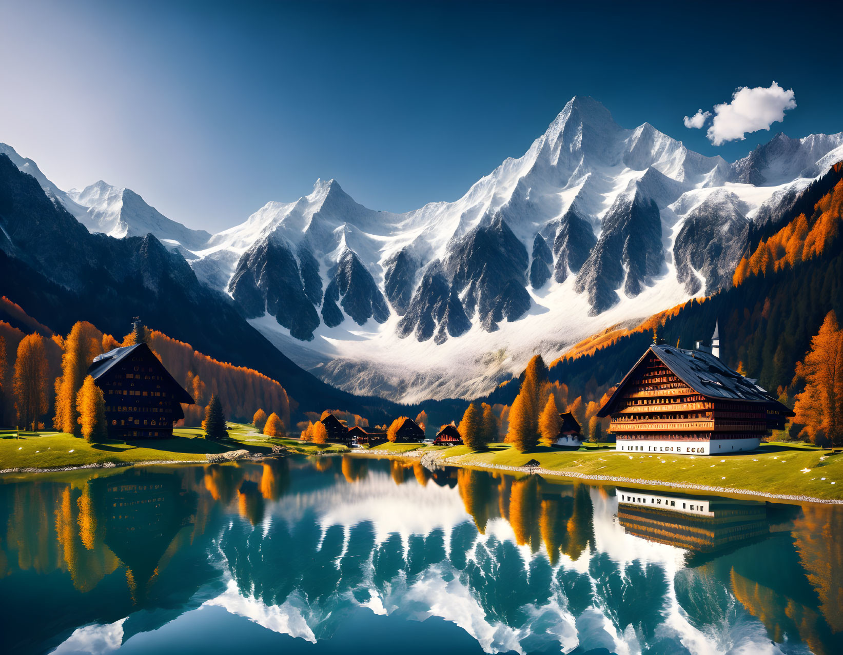 Scenic alpine lake with snow-capped mountains, autumn trees, and traditional houses