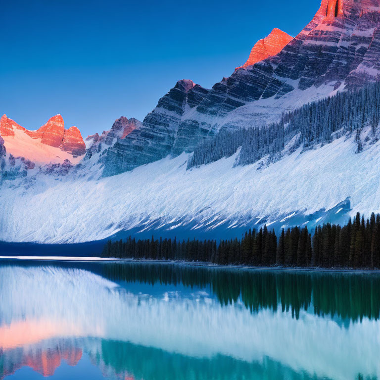 Majestic snow-covered mountain peaks reflecting in calm blue lake at dawn or dusk