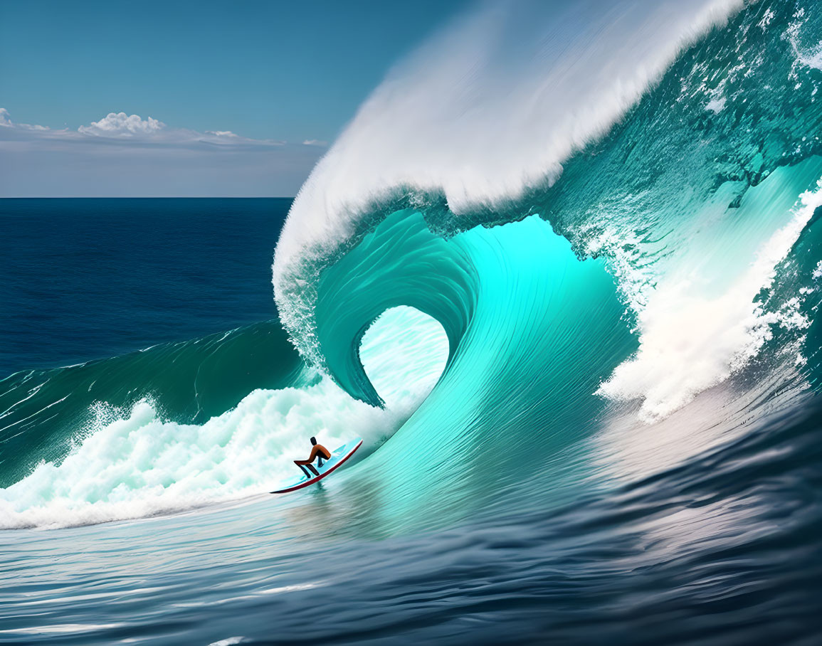 Surfer riding large curling wave under clear blue sky