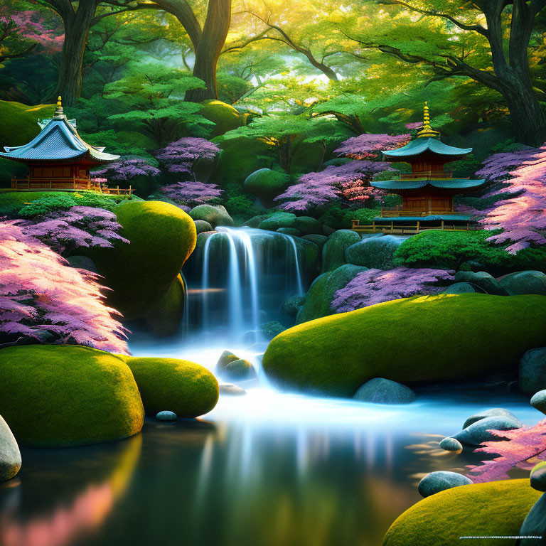 Tranquil Japanese Garden with Waterfall and Pagoda