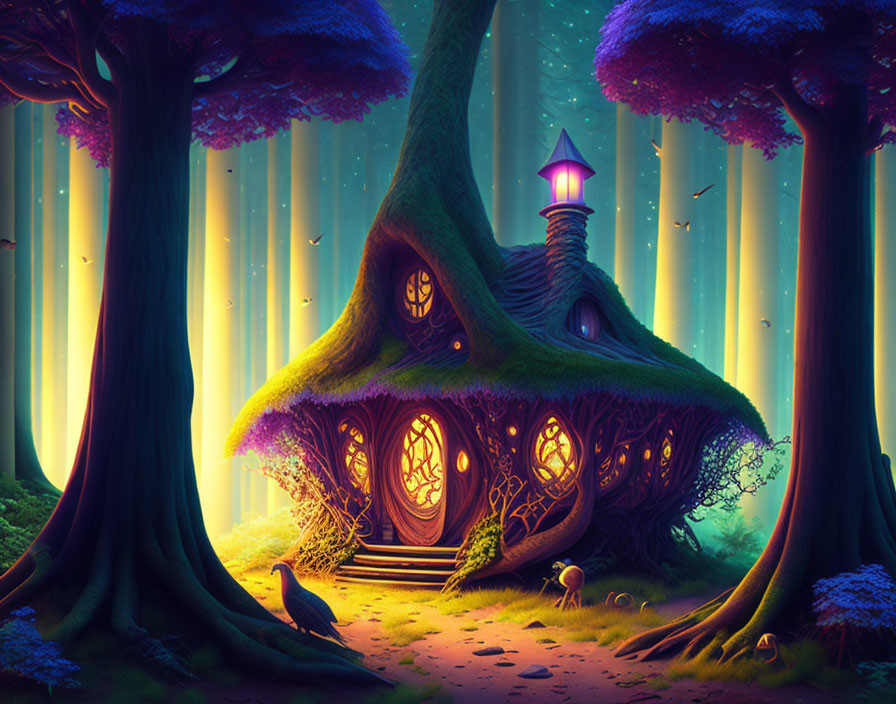 Enchanting forest scene with glowing trees and fantasy treehouse