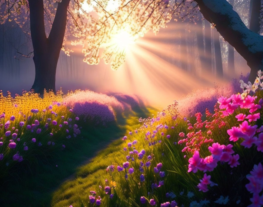 Sunrise illuminating path with pink and yellow flowers