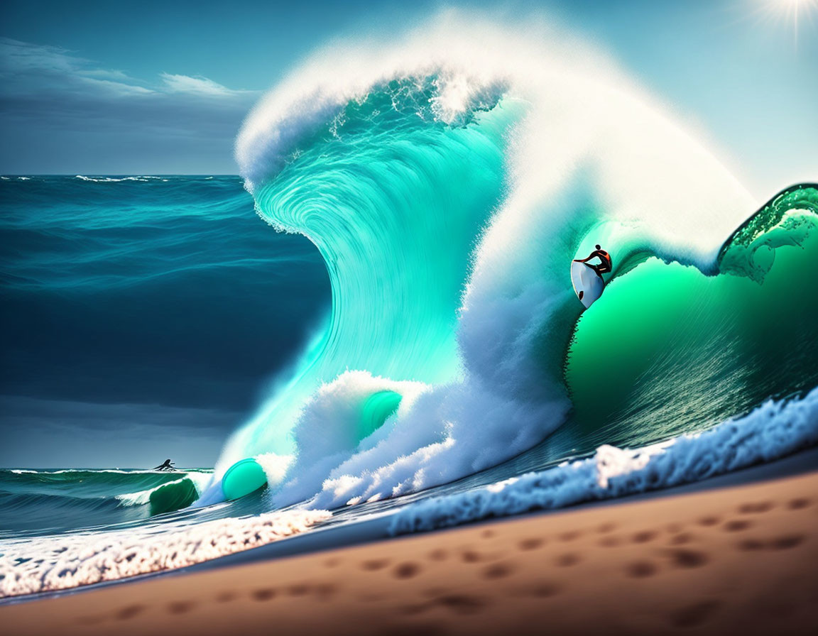 Surfer riding vibrant blue and green ocean wave