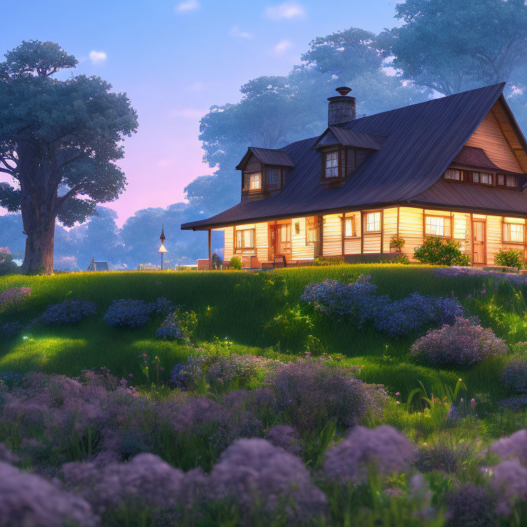 Tranquil landscape with illuminated house and purple flowers