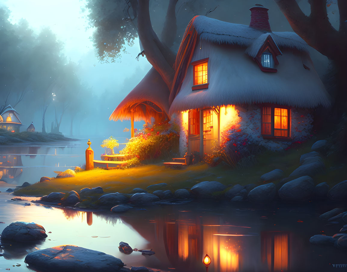 Thatched-Roof Cottage by Calm Lake at Dusk