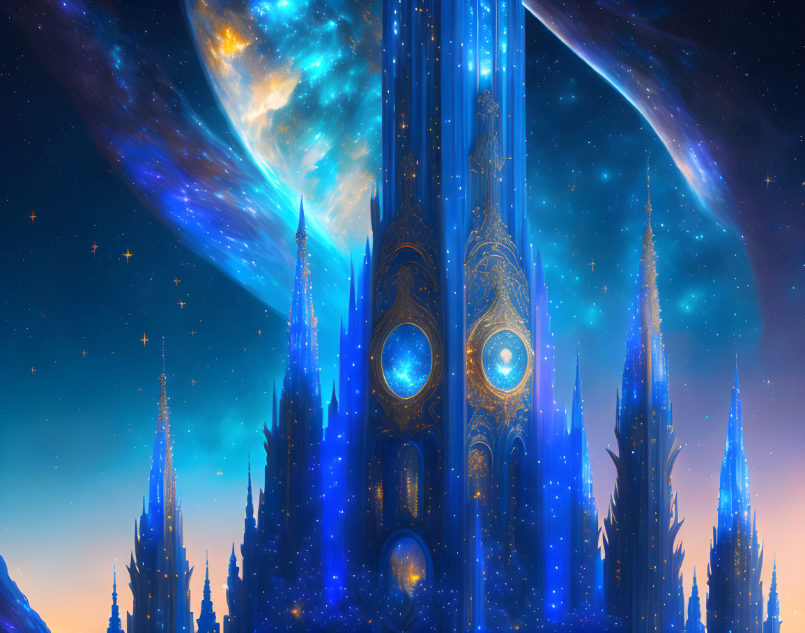 Fantastical cosmic landscape with alien architecture and celestial backdrop