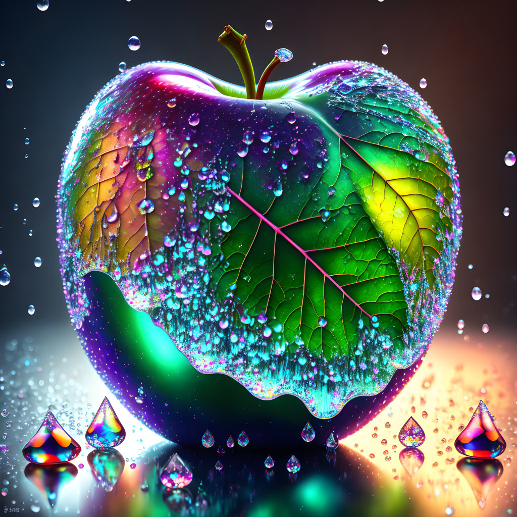 Vibrant digitally manipulated apple with leaf texture and water droplets on dark background