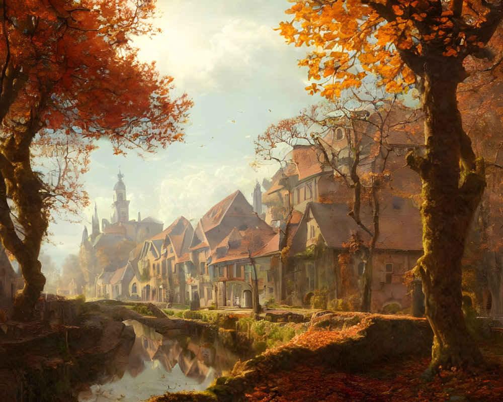 Tranquil autumn village with golden sunlight, river, stone houses, and church