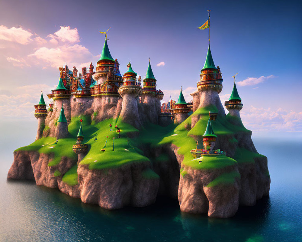 Colorful Fantasy Island Castle with Green Rooftops on Rugged Cliff