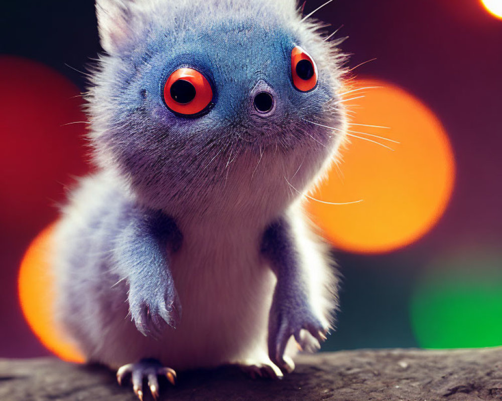 Blue fluffy creature with orange eyes against colorful lights