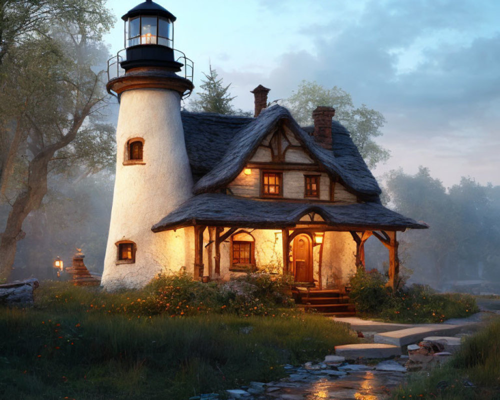 Charming cottage with attached lighthouse, surrounded by trees and stone pathway at dusk