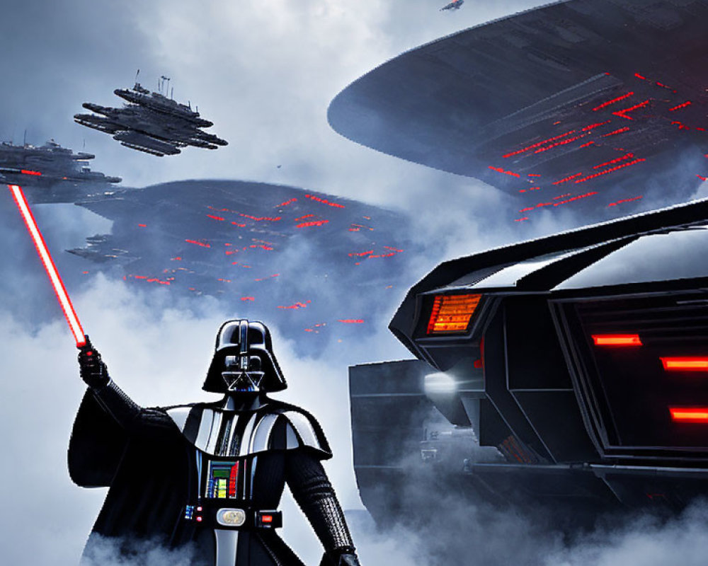 Iconic Darth Vader in lightsaber stance among Star Wars battle scene