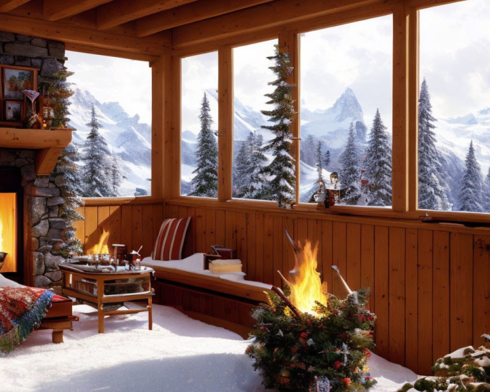 Room with Large Windows, Snowy Mountains View, Fireplace, Christmas Tree, Festive Decorations